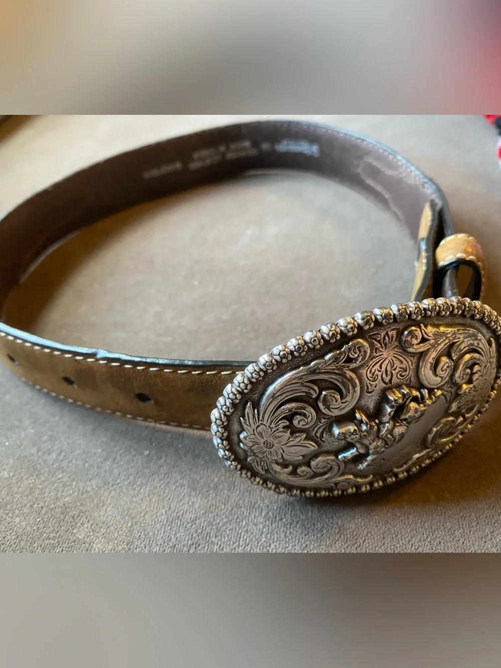 Kids Silver Western Belt Buckle with Floral & Rodeo Horse Design